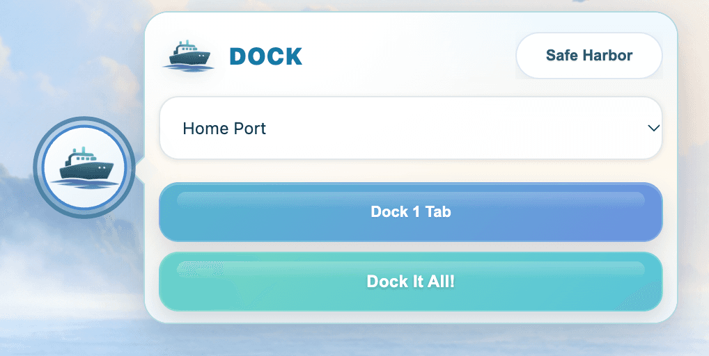 The Dock menu with Dock 1 Tab and Dock It All! buttons